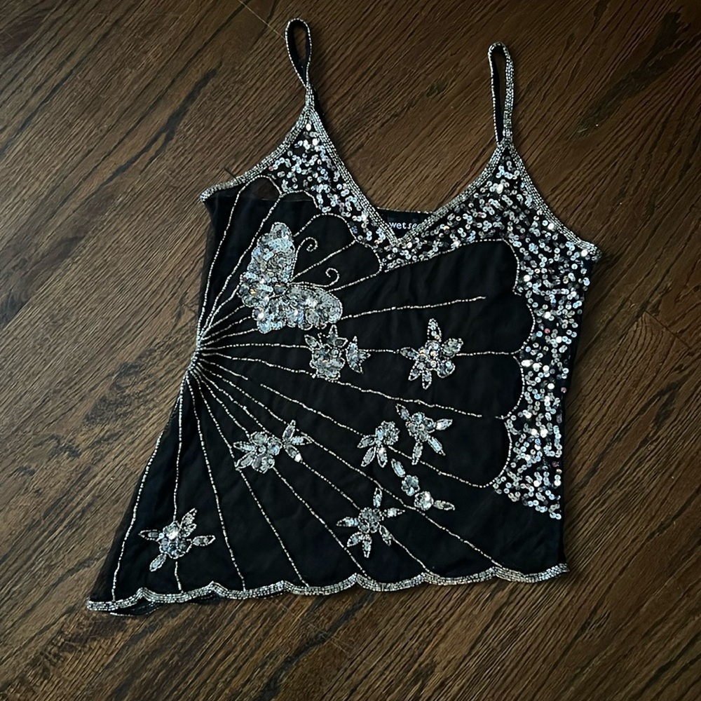 Beaded Butterfly Glitter Sheer Mesh Top